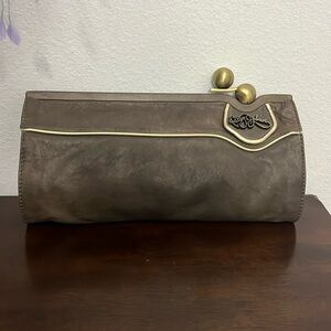 Vintage Betsy Johnson Handbag Clutch Brownish Green Leather with Silver Trim